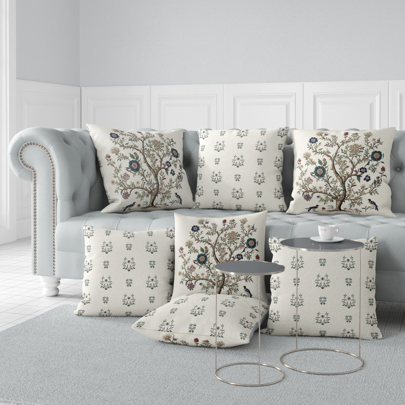 Evergreen Elegance - White Floral Square Throw Cushion, 51cm H x 51cm W