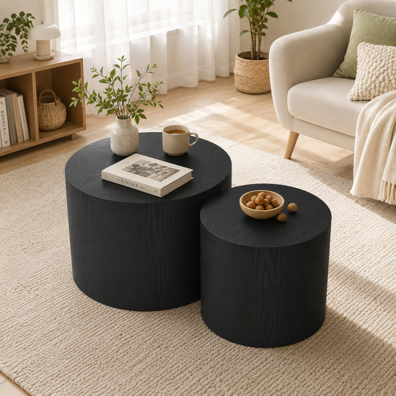 Ensemble de tables d'appoint cylindriques en bois peu encombrantes avec pieds antidérapants pour balcon et appartements
