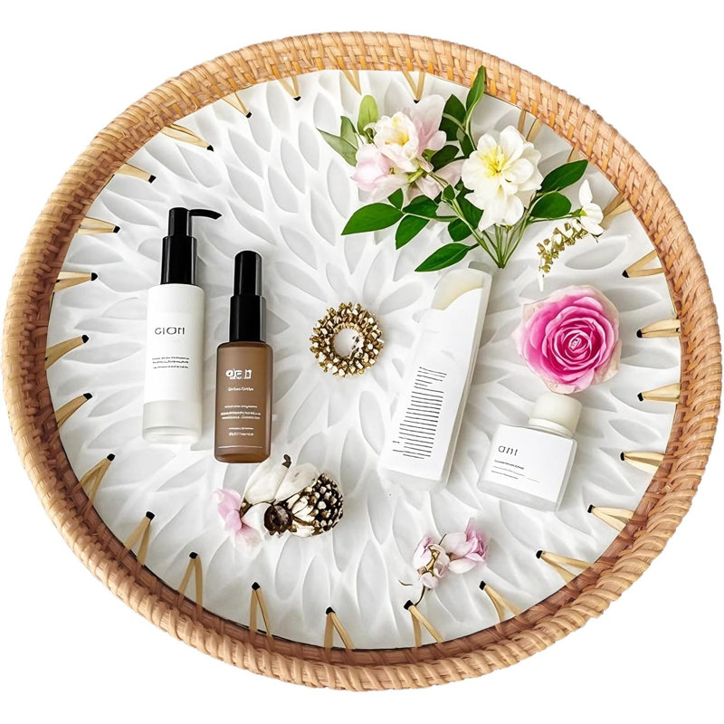 12" Round Mother Of Pearl Inlay Rattan Display, Rattan Coffee Bread Serving Tray With Mother Of Pear Inlay Wooden Base,Decorative Wicker Basket For Table Decor,Storage Of Fruit,Candy