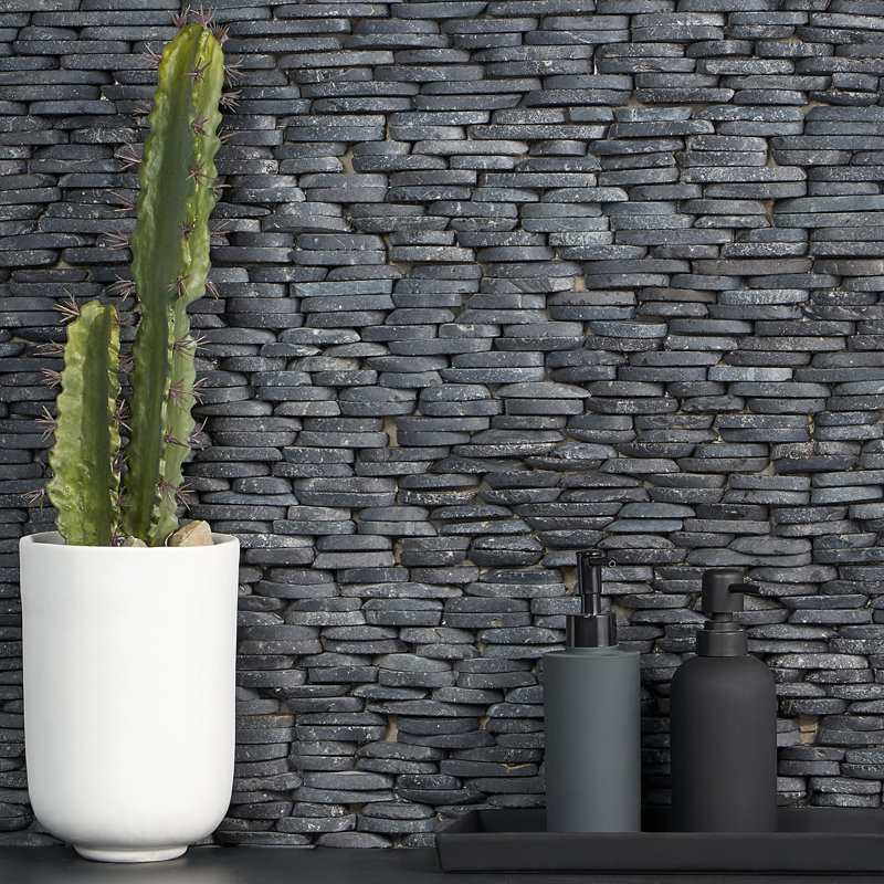 Picturesque 11 in. x 4 in. Stacked Sliced Wall Mosaic, Black