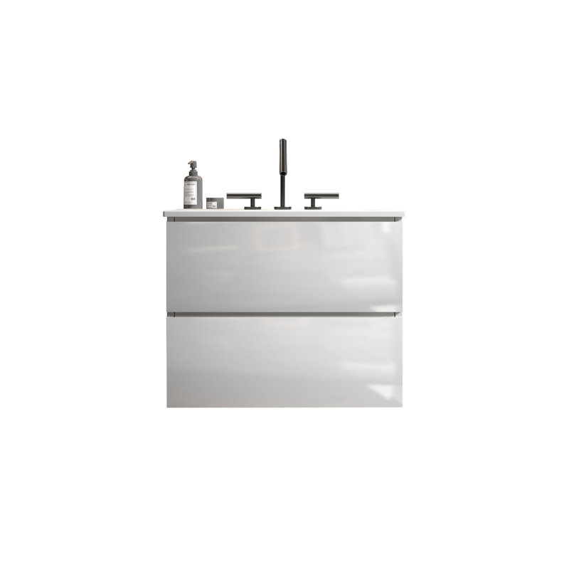 Meuble-lavabo mural gris TIA de 24 po avec lavabo en céramique avec trois trous de robinet, grand meuble-lavabo flottant avec rangement pour salle de bain moderne, lavabo une pièce sans drain