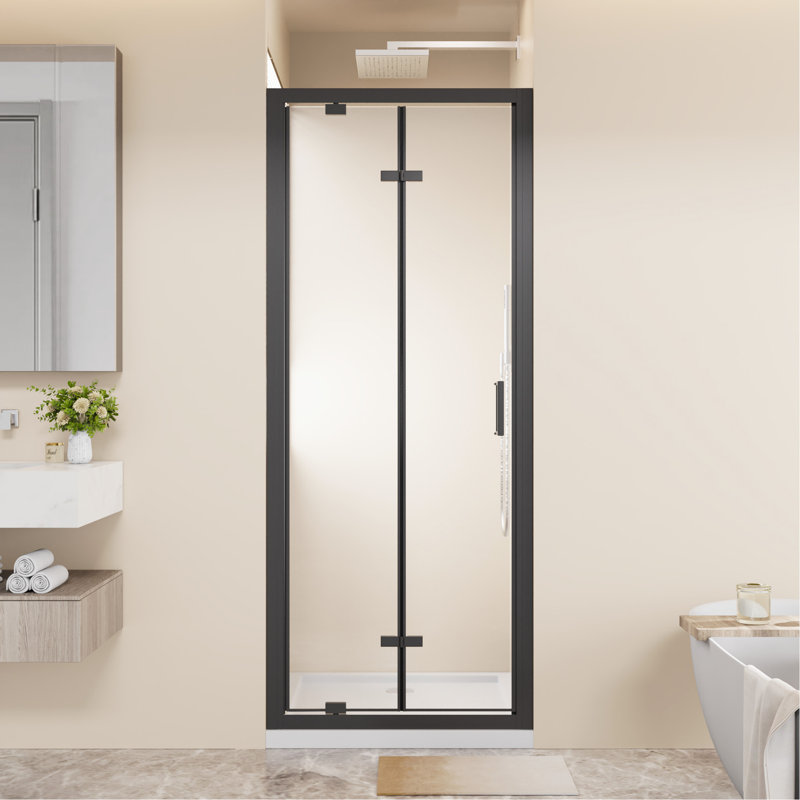 Porte de douche à cadre pivotant pliable à deux battants 30 po x 72 po, cabine de douche pliante compacte en verre trempé transparent de 1/4 po avec poignée en acier inoxydable, installation réversible, noir