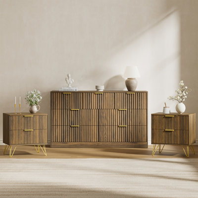 3PCS Dresser And Nightstand Sets For Bedroom, 55" Wide Fluted 7 Drawer Dresser & Nightstand Set Of 2