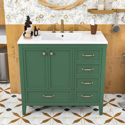 Meuble-lavabo 36 po avec lavabo en céramique, portes à fermeture en douceur et tiroirs de différentes tailles