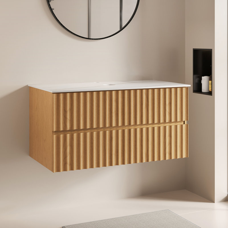 Base de meuble-lavabo flottante murale 35,83 "avec comptoir en pierre frittée et 2 tiroirs, base de meuble-lavabo mural en bois avec tuyau d'évacuation, assemblage facile