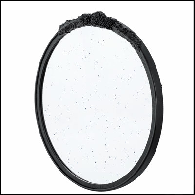 Round Hand Carved Rose Antique Mirror Frame, Wall Mirror For Living Space, Bathroom, And Entryway Décor In Black