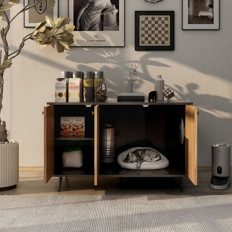 Vayolet 3 - Door Accent Cabinet, Indoor Cat Washroom Storage Bench Side Table Cat House, Black