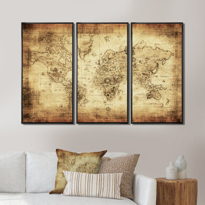 Ancienne carte du monde IV - 3 pièces, reproduction sur toile