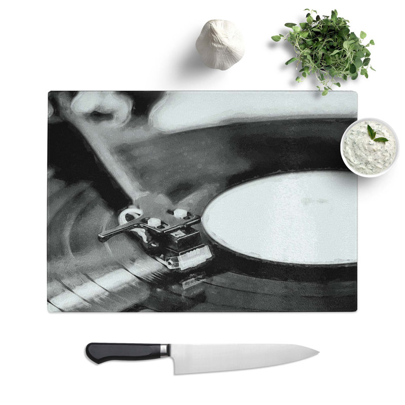 Tempered Glass Vinyl Record Player Chopping Board, 39 cm W x 28.5 cm L