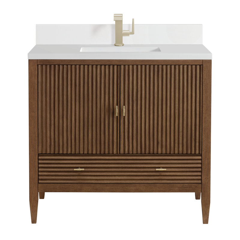 Myrrin 36'' W Single Vanity, Mid-Century Walnut, White Zeus, Single-Hole