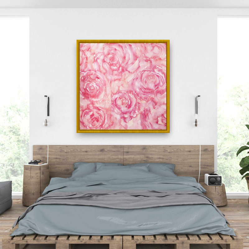 Roses à l'aquarelle - Toile encadrée romantique pour la décoration intérieure, Doré