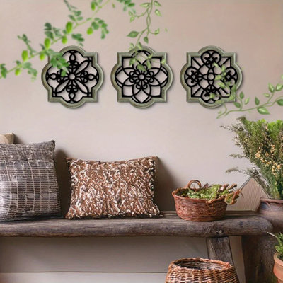 Décoration murale en bois - 3 pièces de motifs floraux noirs