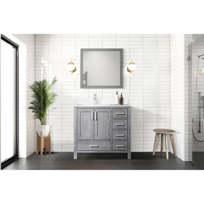 Gris vieilli 36 po Meuble-lavabo de salle de bain avec 22 compteurs blancs, surface en quartz, robinet enduit et 34 miroirs en bois pour comptoir décalé à gauche, mur en acier inoxydable à un trou