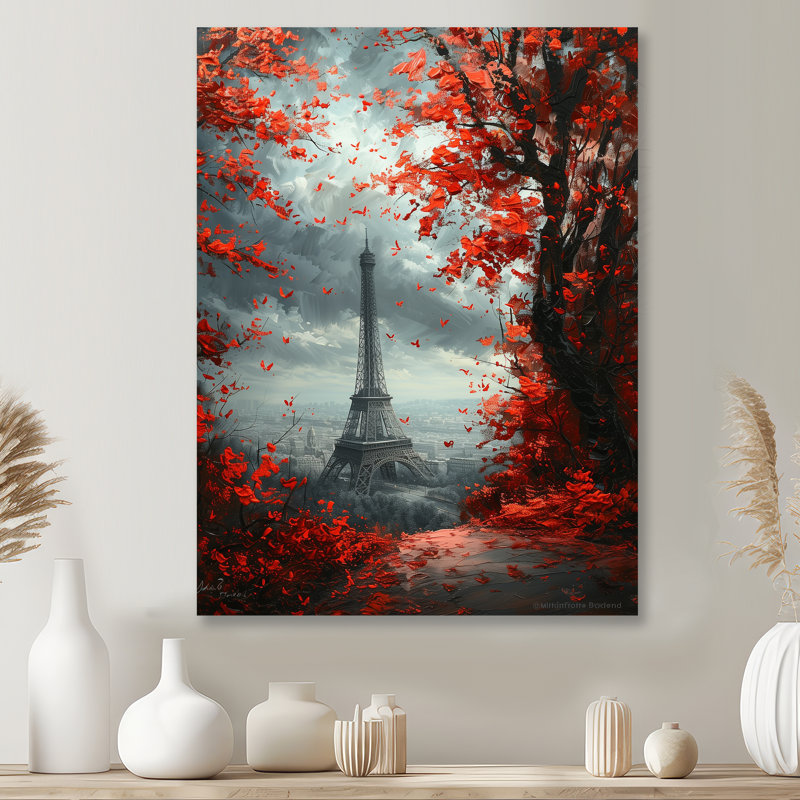 Rouge et gris, Tour Eiffel magique à Paris I - Art mural de la ville de Paris, Sans cadre, H 16 po x l 32 po