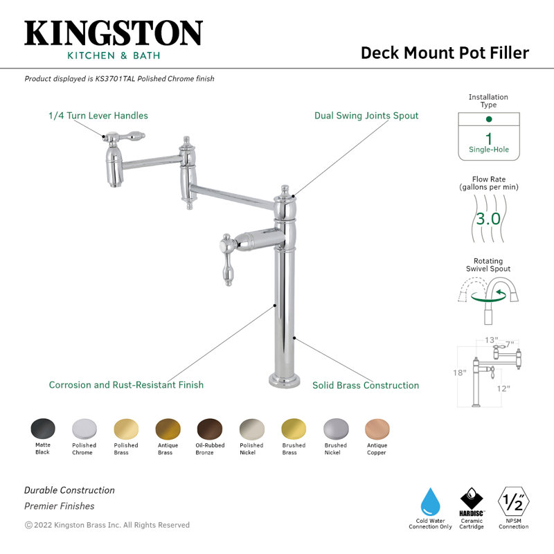 Kingston Brass Tudor Two-Handle 1-Hole Deck Mount Pot Filler Faucet, Matte Black