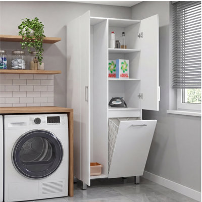 Iris High Two-Door Broom Bathroom And Laundry Storage Cabinet With Hamper, Four Shelves, Hangers, Storage Closet
