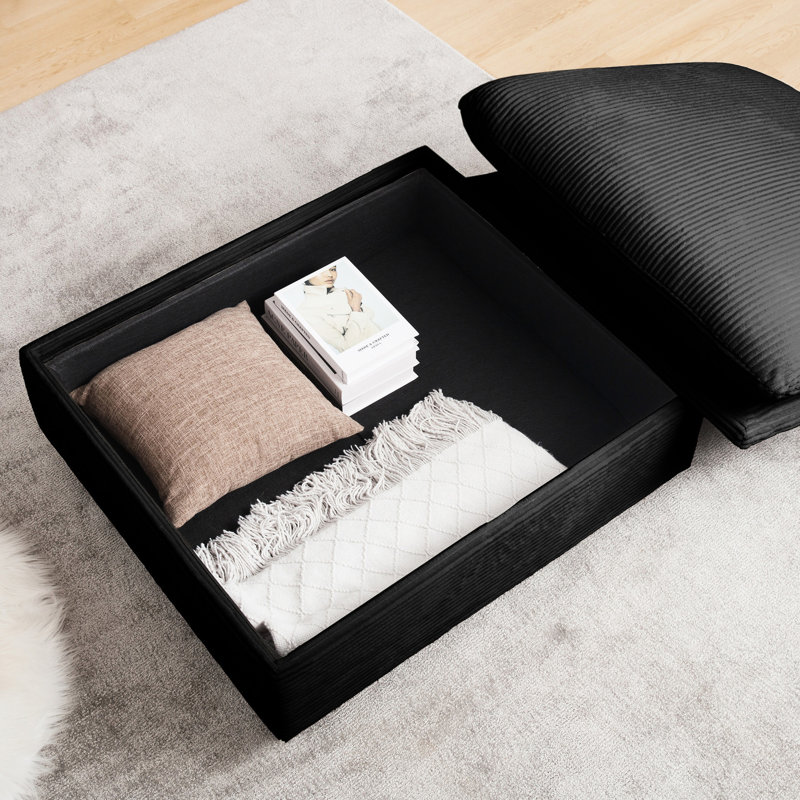 Canapé modulaire en velours côtelé pour chambre à coucher et salon, noir avec repose-pieds avec rangement, noir, 3 coussins fonction confort