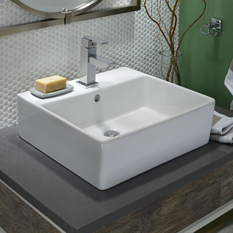 White Ceramic Rectangular Above-Counter Vessel Sink