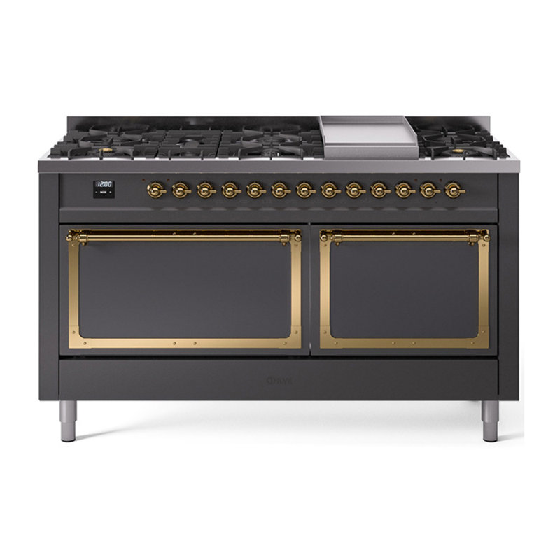 ILVE Nostalgie II Noblesse 60 in Dual Fuel Range, 9 Burner, Griddle, Liquid Propane, Graphite Matte/Brass