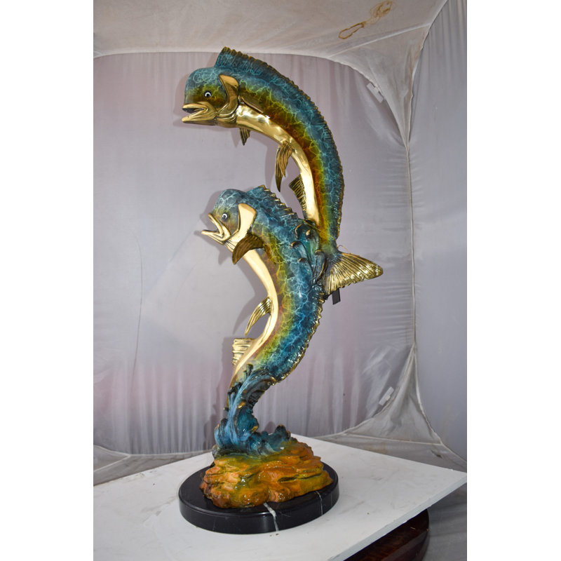 Kirsti Impressive Pair of Dorado Mahi Mahi Fish Bronze Statue Size: 20" x 18" x 42"H