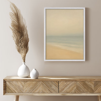 «Calm Beach Horizon», reproduction d'art encadrée - océan doux et sable dégradé pour un salon ou une chambre à coucher