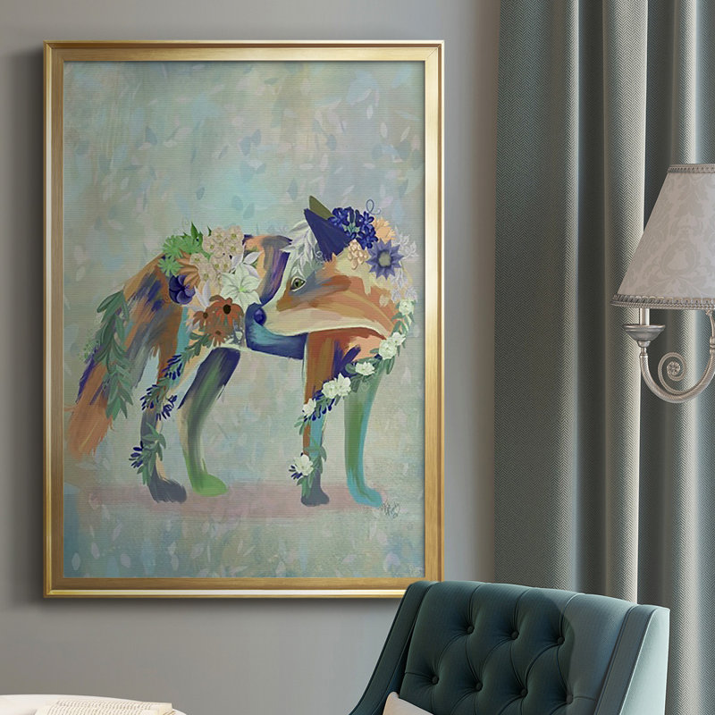 «Fantastic Florals Fox», reproduction encadrée de qualité supérieure - prête à être accrochée, Or
