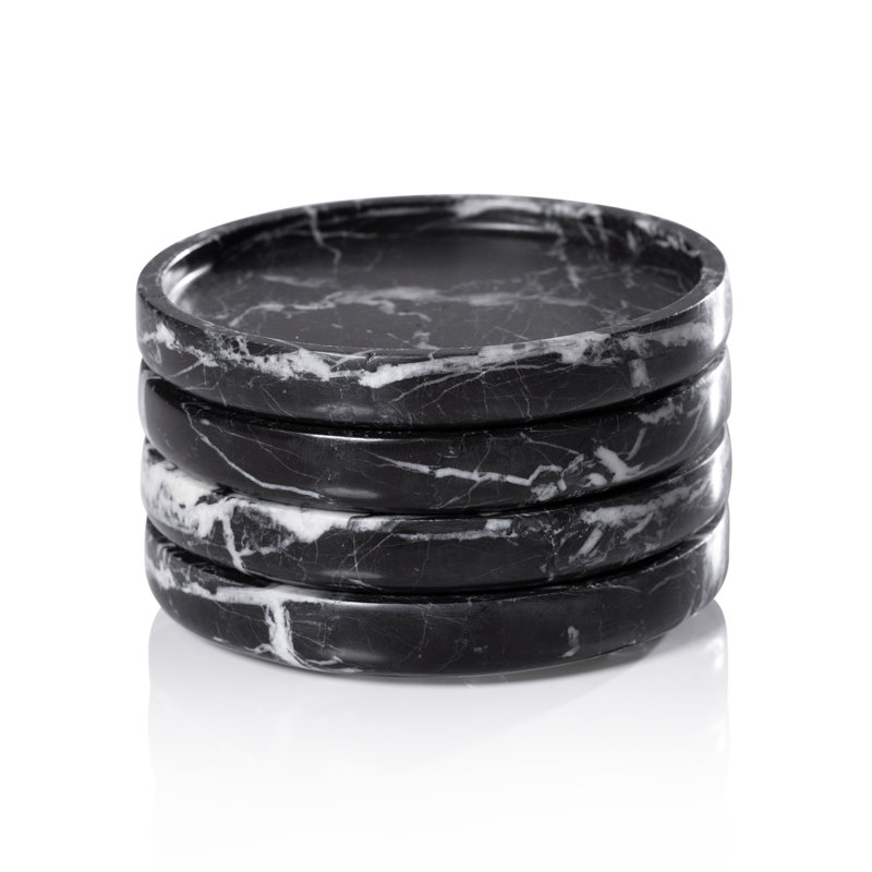 4.5' Round Marble Coasters, Set of 4, Black Marquino