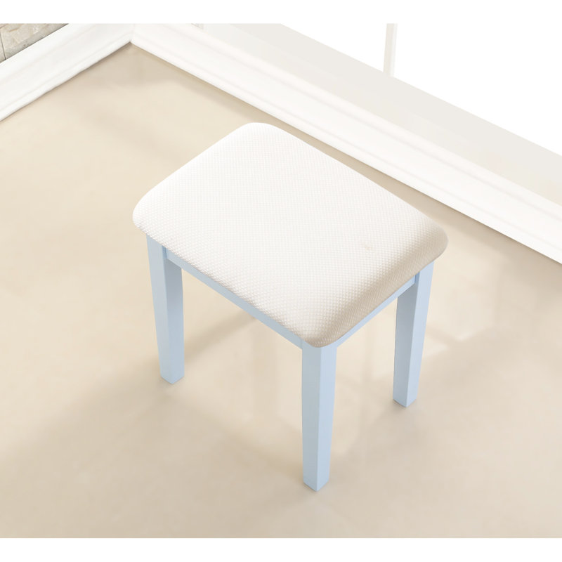 Blue Vanity Table And Stool - 3 Storage Drawers, Adjustable Mirror, Wood Makeup Table, Drawer Storage, Oval Wooden, Blue