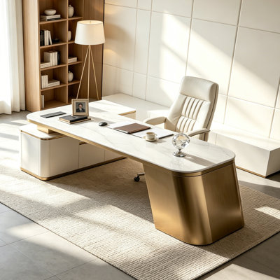 Bureau de direction blanc en L en pierre frittée avec tiroirs