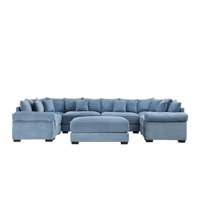 Blue Oversized Cloud Modular Sectional Couch with Ottoman, Soft Corduroy Convertible Sofa for Living Spaces