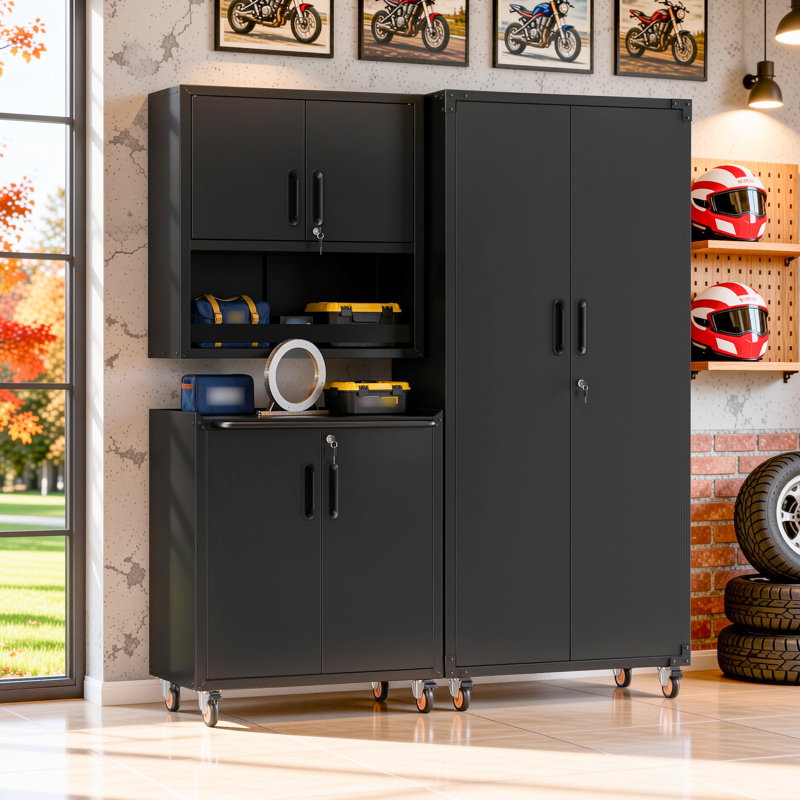 Ensemble de rangement pour garage en 3 pièces : armoires métalliques à roulettes, armoire murale, armoire à roulettes à 2 portes, armoire à panneaux perforés haute et coffre à outils verrouillable.
