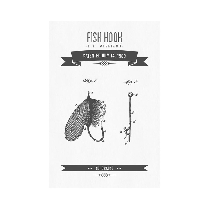 L.Y. Williams Fish Hook Patent Sketch Retro (Charcoal) by Aged Pixel - Wrapped Canvas Print