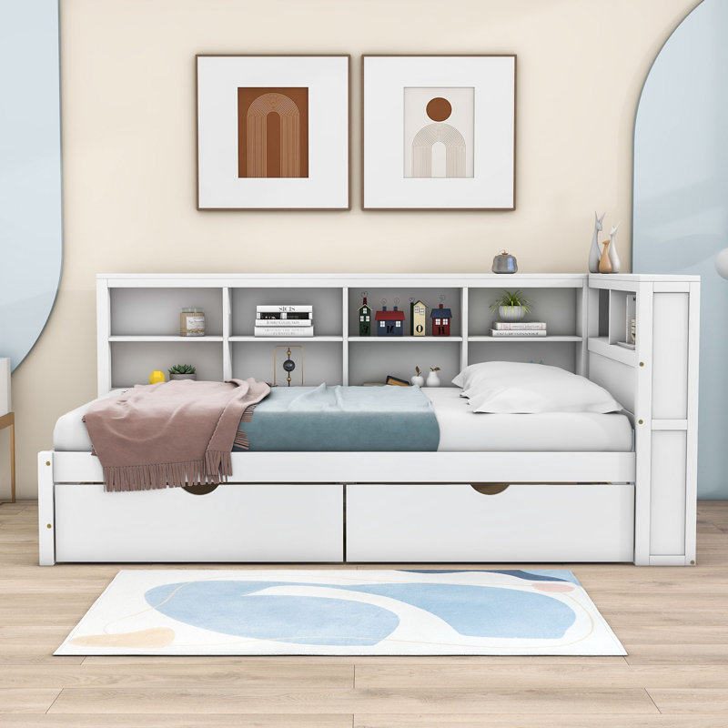 Sydia 2 Drawers Wood DayBed with and Shelves and USB Charging Ports, Twin, White