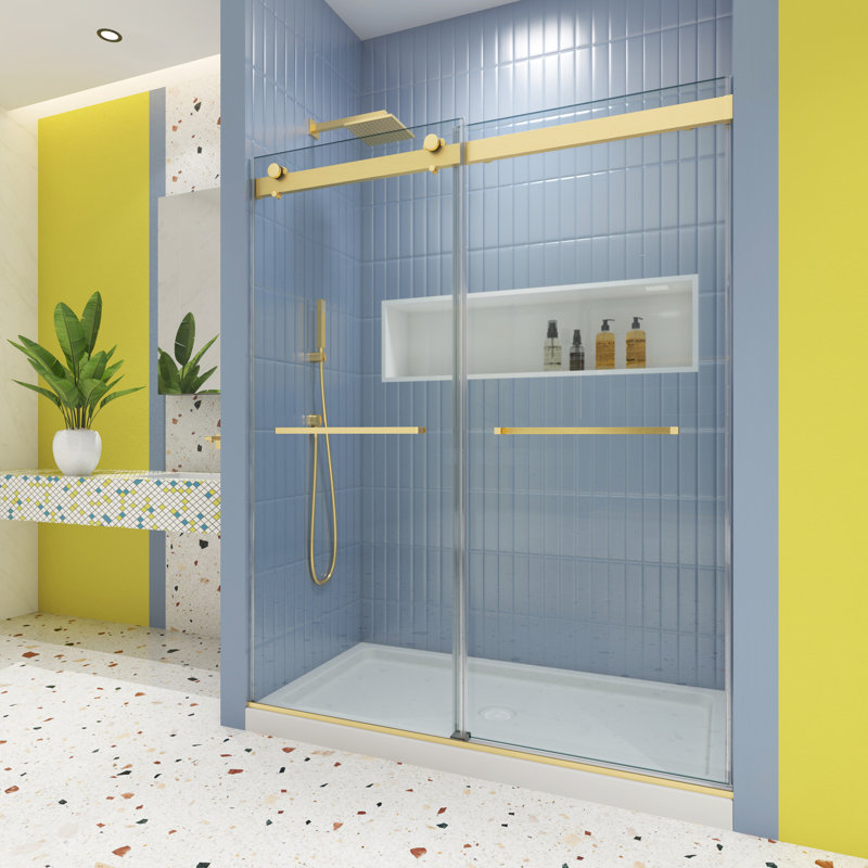 Porte de douche bypass brossée or brossé - 48 x 74, verre trempé 5/16 po, fermeture en douceur, salle de bain avec un style captivant et captivant