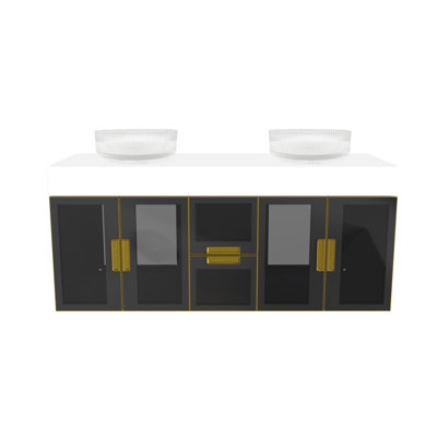 Meuble-lavabo mural moderne de luxe avec comptoir à surface solide de 60 po et vasque ronde en verre