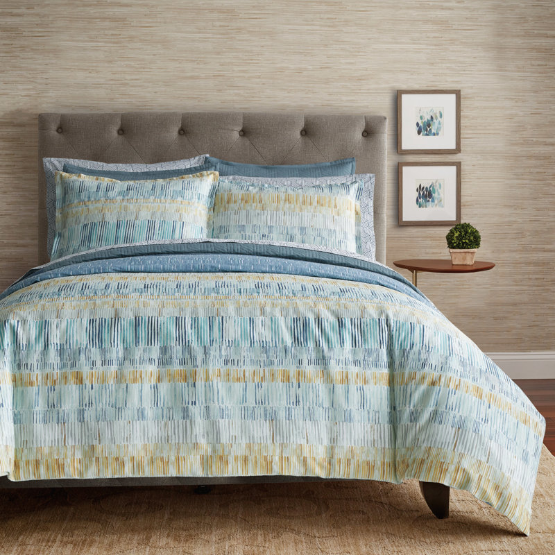 Ensemble d'édredon réversible 3 pièces en coton bleu / ocre, Édredon très grand et 2 taies décoratives
