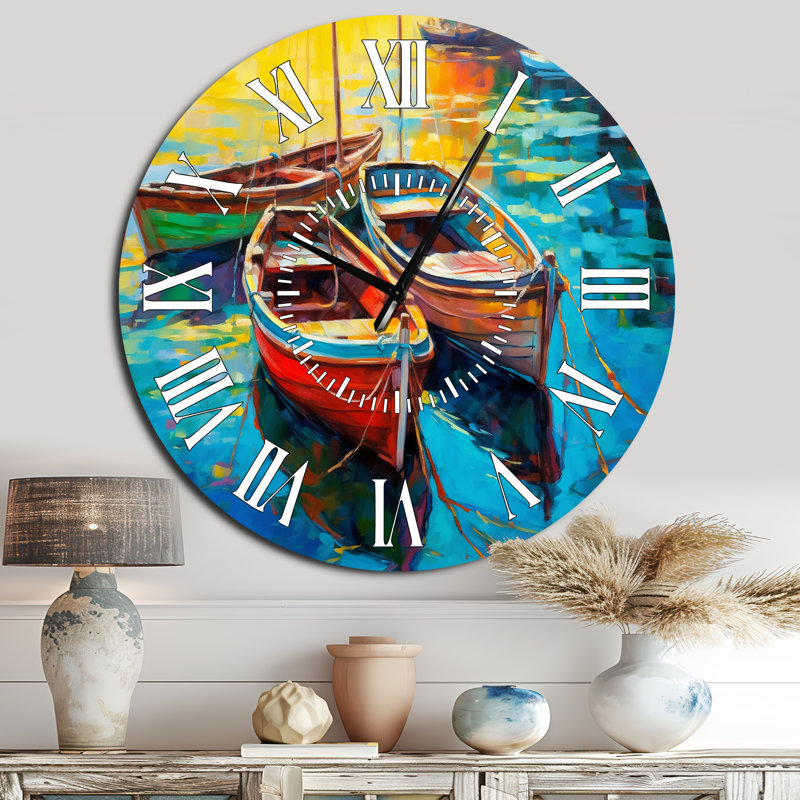 Trois bateaux dans le port I - horloge murale blanche, Surdimensionné