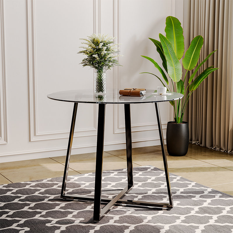 Addicyn 90Cm Metal and Glass Round Dining Table, Black