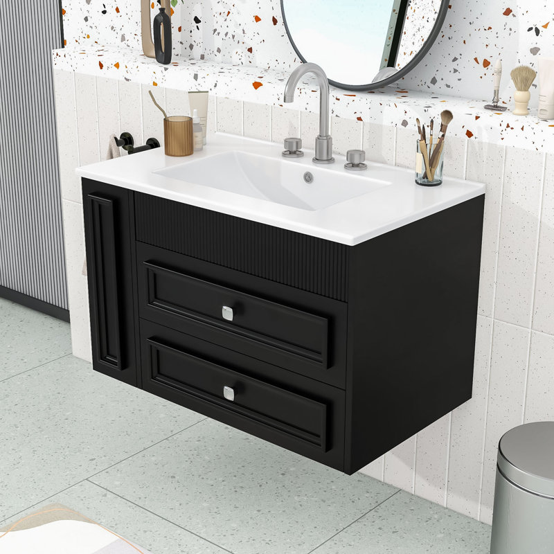 Modern Wall-Mounted Bathroom Vanity with Ceramic Sink, Open Shelving and Storage Drawers, Black