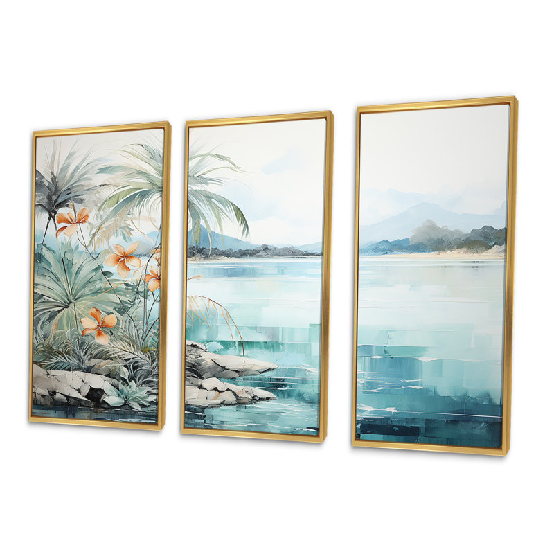 Erlich - Ensemble d'art mural bord de mer tropical, Cadre flottant doré, H 32 po x l 48 po x P 1 po