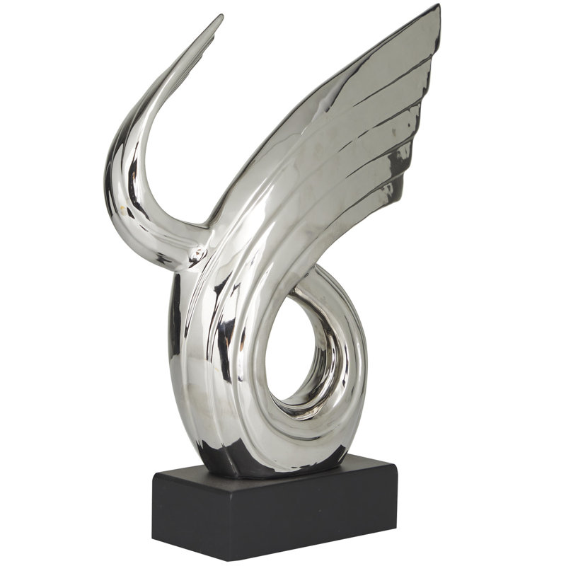 Porcelain Ceramic Wing Abstract Decorative Sculpture with Base, Silver