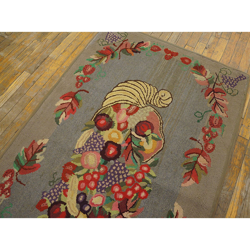 Grey Artistic Floral Still Life Folk Art Design Small Size Vintage American Hooked Rug