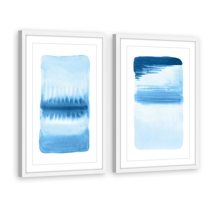 « flux diptych », ensemble de 2 reproductions d’art encadrées en bleu/blanc, H 36 po x l 24 po x L 1,5 po