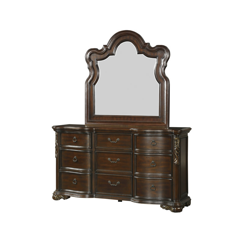 Montoya Traditional 72" Dark Cherry 9-Drawer Double Dresser with Serpentine Front and Carved Scrollwork