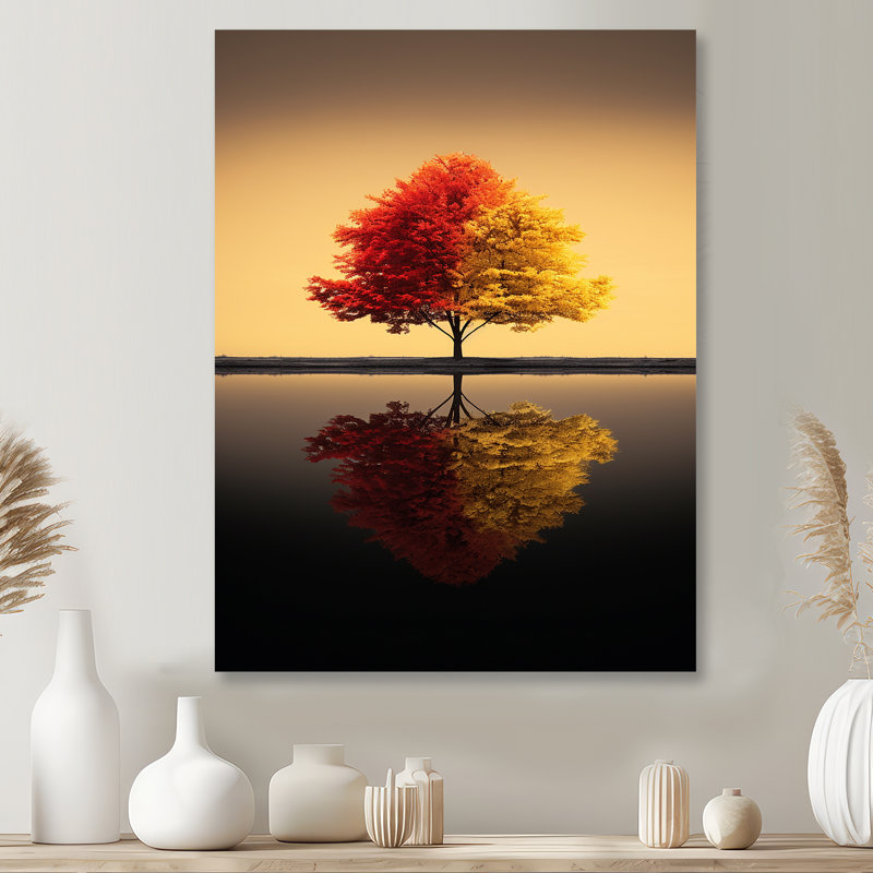 Arbre rouge et jaune dans un lac tranquille - arbre chêne, art mural, Métal métal, H 32 po x l 16 po x P 1 po