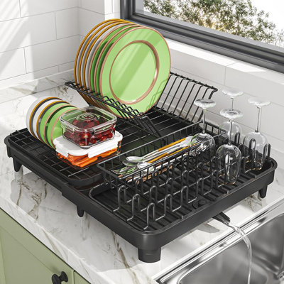 Expandable Dish Drying Rack for Kitchen – Rustproof Carbon Steel, Removable Utensil & Cup Holders, Adjustable Drip Tray, Space-Saving Countertop Dish Drainer, Includes Drainboard – Black