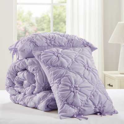 3 pièces d'édredon double / grand en mauve, confort toutes saisons avec broderie florale texturée et décontractée, microfibre douce, solution mauve facile à entretenir