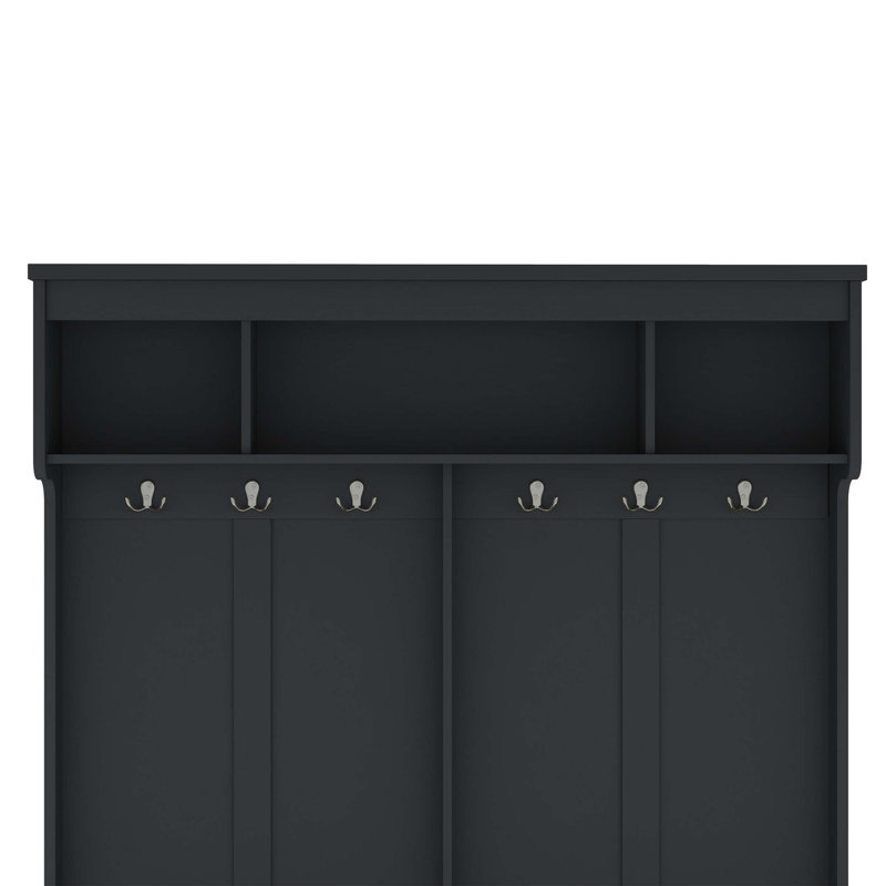 Modern Hall Tree with Metal Hooks, Shoe Cubbies, Bench Seat, and Upper Storage Compartments for Organized Entryway Solutions.