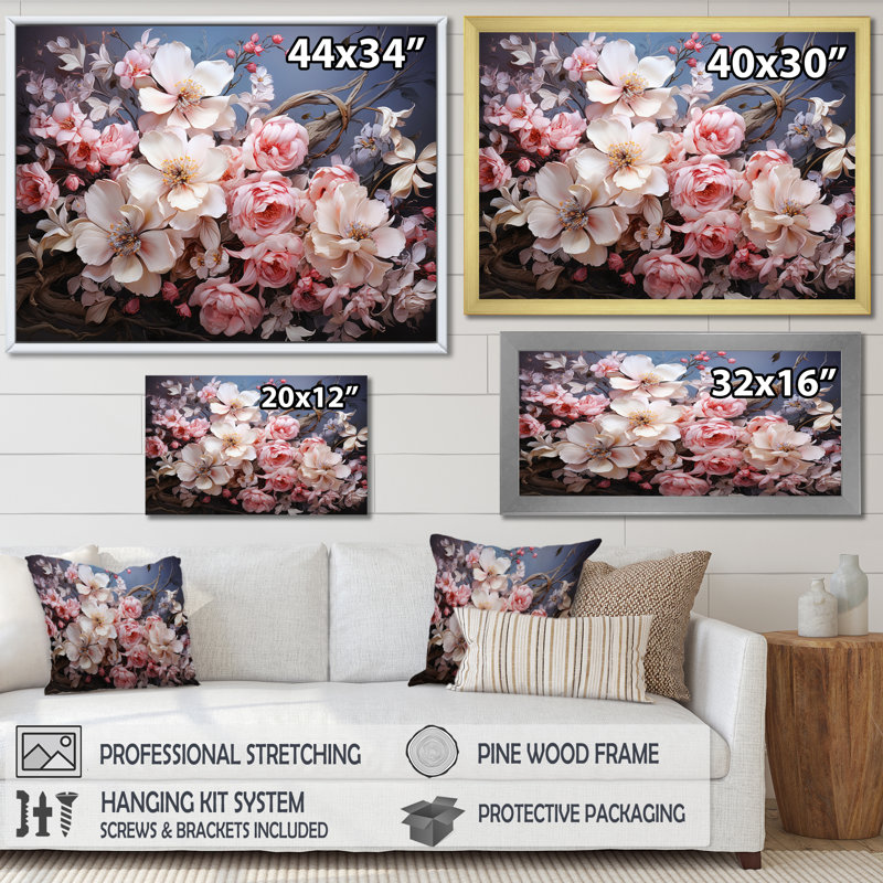«Pink Wreath», impression romantique sur toile encadrée, Or, H 34 po x l 44 po x P 1,5 po