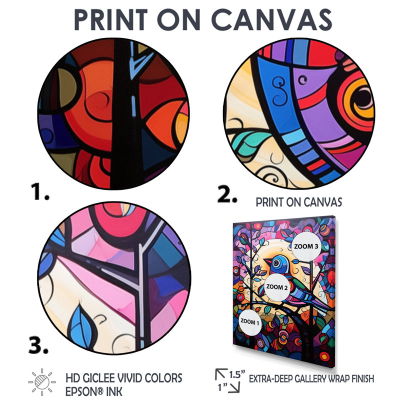 Vitrail oiseau chantant sur une branche Pop Art - impression d'art mural oiseau, Toile tendue, H 32 po x l 24 po x P 1 po
